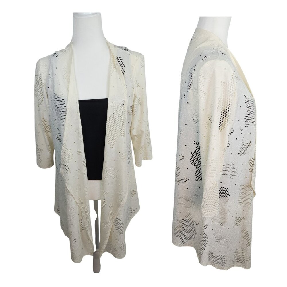 Clara Sunwoo Laser Cut Open Front Cardigan Ivory Draped Kimono Size Large - Picture 3 of 12
